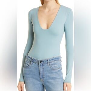 ALIX NYC Jules Body Deep V-Neck Long Sleeve Bodysuit in Blue L NWOT